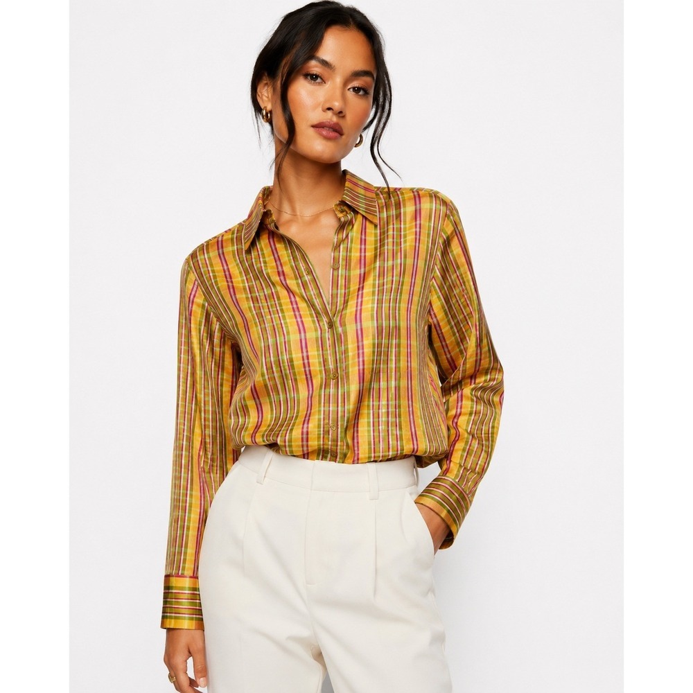 Company Ellen Tracy Silk Plaid Button Down Shirt Papaya Orange Pink Green Size 6